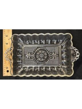 Vintage Clear Pressed Glass Handled Serving Tray- Floral Daisy Bubble Dot Design